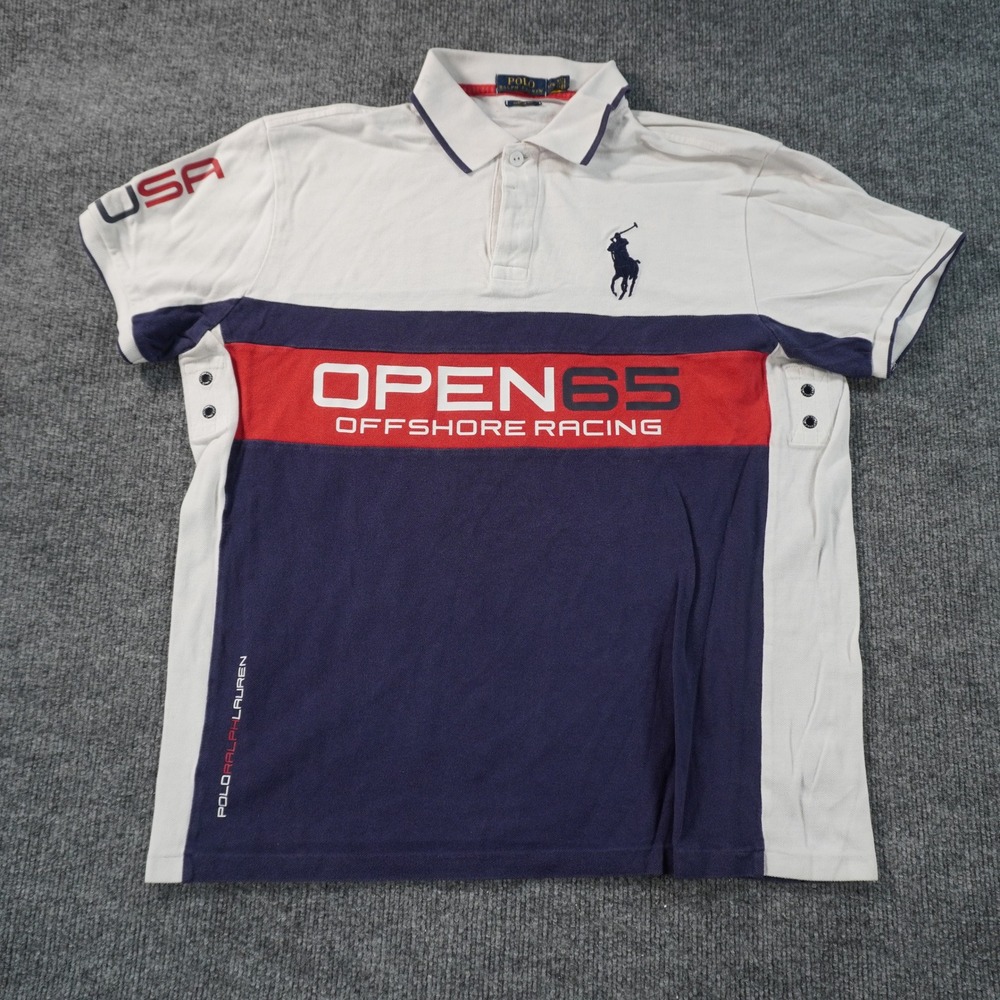 Polo Ralph Lauren Polo Shirt Mens Large White Navy Open 65 Offshore Racing USA